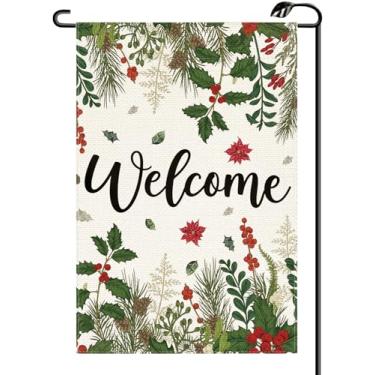 Imagem de Poinsétia de Natal com bagas de azevinho bandeira de jardim 30 x 45 cm vertical dupla face férias de inverno boas vindas pequenas bandeiras fazenda decoração externa para quintal (apenas bandeira