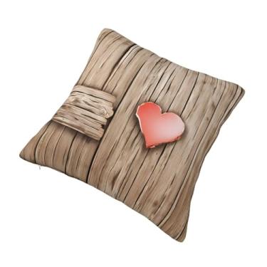 Imagem de Almofada quadrada decorativa com estampa de coração de madeira - Design reversível, zíper oculto, poliéster macio para sofá, cama e carro - Hipoalergênico 51 x 50 cm