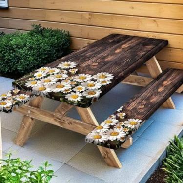 Imagem de Capa de mesa de piquenique com bordas elásticas, tábua de madeira, margarida, itens essenciais para acampamento ao ar livre, 3 peças, toalha de mesa à prova d'água com cordão de 183 cm