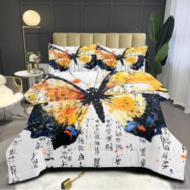 Imagem de CCoutueChen Conjunto de edredom de aquarela chinês, tamanho king, para mulheres, com borboleta, chique, oriental, para decoração de quarto de meninas, 3 peças, microfibra macia e fofa, ótimos