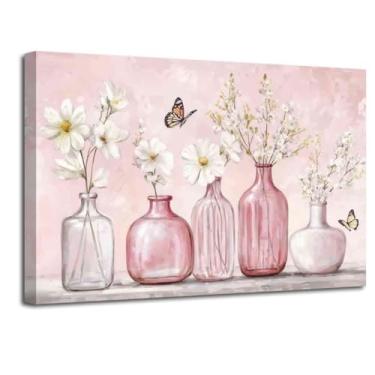 Imagem de LZIMU Arte de parede de banheiro rosa flor branca decoração de parede buquê floral em vaso de vidro impressão em tela pintura de imagem de borboleta pôster botânico arte rústica de fazenda (rosa, (12C