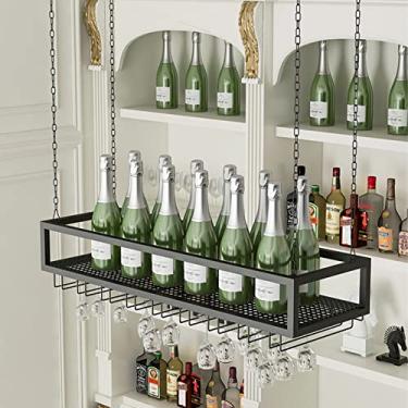 Imagem de Rack de vinho de metal com suporte de garrafa de vinho, suporte de vidro para pendurar no teto, prateleira de armazenamento flutuante montada na parede para bar e cozinha