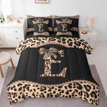 Imagem de Conjunto de edredom solteiro com laço de chita africana com lençol para mulheres, meninas e adultos - Conjunto de cama com letra E do alfabeto com estampa de leopardo em uma bolsa, moderno, moderno