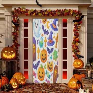 Imagem de Wassud Decoração de capa de porta de Halloween Punpkins banner interno externo decoração de casa de varanda grande decoração de porta da frente 81 x 189 cm