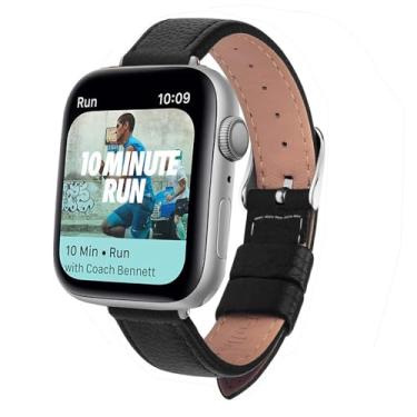 Imagem de XLCZMYL Pulseira de relógio fina de couro para série 7 SE 6 5 4 3 2 1 de 40 mm, 44 mm, 38 mm, 42 mm, preta, 42 mm