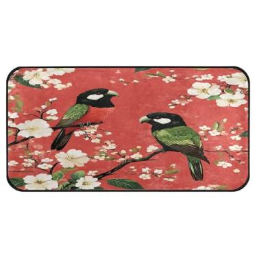 Imagem de Burbuja Pássaros empoleirados em galhos tapete de cozinha 51 x 99 cm, tapete lavável antiderrapante com suporte de borracha, tapete para cozinha, sala de estar, banheiro, decoração de casa