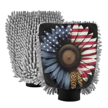 Imagem de STAYTOP Luvas de lavagem de carro de girassol estilo bandeira americana, 2 peças, luvas de microfibra de chenille, sem arranhões, panos de esponja de lavagem ultra absorventes para carros, limpeza