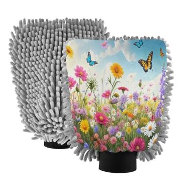 Imagem de STAYTOP Lindas luvas de lavagem de carro com flores e borboletas, 2 peças, luvas de microfibra de chenille, sem arranhões, panos de esponja de lavagem ultra absorventes para carros, limpeza doméstica