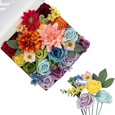 Imagem de FANKO Flores artificiais, rosa arco-íris, combinação mista, flores de seda falsa, rosa azul e vermelha, roxo e rosas bordô com dália, flores sortidas para buquês de noiva de casamento, centros de mesa