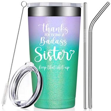 Imagem de Presentes de irmã da irmã, irmão – Presentes de irmã – Presentes engraçados para irmã mais velha, obrigado, presentes de Natal para Unbiological, Soul Sister – Copo com tampa e canudo