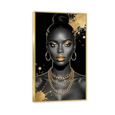 Imagem de Arte de parede em tela feminina dourada preta afro-americana decoração de parede abstrata preta dourada feminina pôster impresso arte para sala de estar quarto decoração de casa 60 x 100 cm (24 x 39