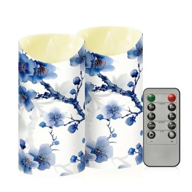 Imagem de Wassud Pacote com 2 velas em aquarela de flores de cerejeira sem chama com controle remoto, velas realistas cintilantes com temporizador, velas decorativas para Natal, casamento, festa, decoração de