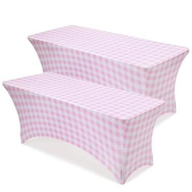 Imagem de Moukeren 2 peças de toalha de mesa de elastano de 1,8 m, capa de mesa elástica, laço rosa branco ou xadrez, retangular, lavável e resistente a rugas para festas de Natal, casamento, banquete