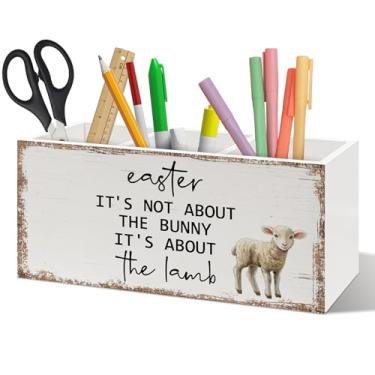 Imagem de ANIANG Organizador de caneta de cordeiro de Páscoa cristão, decoração de mesa de Páscoa, It's Not About the Bunny It's About the Lamb Farmhouse, porta-lápis de madeira para casa, escritório