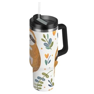 Imagem de Joisal Copos com tampa e canudo bonito desenho de folhas de preguiça copo branco com alça 850 g garrafa de água grande isolada aço inoxidável caneca de café quente para carros