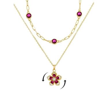 Imagem de rgwtgkyh Colares femininos com pedra do mês de nascimento em camadas, ouro 18 K, vermelho, fidget flor, hibisco, presente de aniversário de janeiro para mãe, amiga, namorada, irmãs, Large, Latão