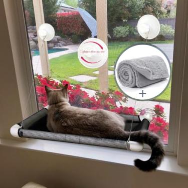 Imagem de Lcybem Poleiro de janela para gatos – rede com almofada de pelúcia, cama que economiza espaço, assento de descanso para animais de estimação segura dois gatos grandes, oferecendo banho de sol 360 para