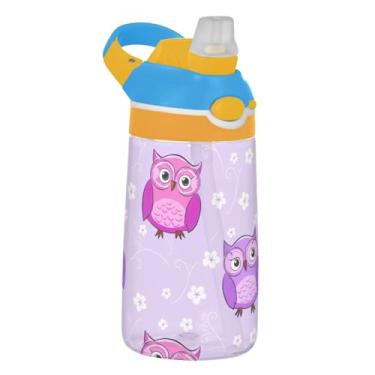Imagem de Garrafa de água esportiva infantil Tritan de 473 ml com tampa de palha, garrafa de água reutilizável para escola, portátil, copo de bebida infantil de 473 ml, alça de transporte, corujas fofas de