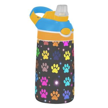 Imagem de Garrafa de água infantil portátil de 473 ml Tritan Sports com canudo à prova de vazamento, copos de viagem reutilizáveis para crianças, alça de transporte, estampa colorida de pata de animal vibrante