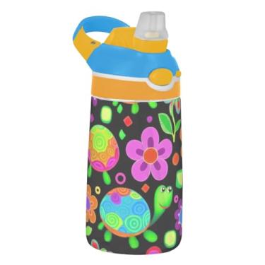 Imagem de Garrafa de água infantil colorida de tartarugas com canudo 473 ml Tritan 473 ml Garrafa de água esportiva portátil à prova de vazamento para crianças, reutilizável, alça de transporte