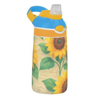 Imagem de Garrafa de água esportiva infantil vintage com girassóis amarelos e folhas verdes para escola, 473 ml, 473 ml, garrafa de água Tritan com canudo, copo de viagem reutilizável para crianças, portátil