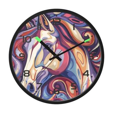 Imagem de SEHANY Relógio de parede artístico majestoso cavalos silencioso, sem tique-taque, relógio redondo operado por bateria, controle de som, luz noturna, relógios de parede para sala de estar, cozinha