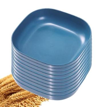 Imagem de YuanQ Pacote com 10 pratos de salada quadrados profundos de 14,5 cm, inquebráveis, leves, laváveis na lava-louças e no micro-ondas, lanches ou saladas reutilizáveis (azul escuro)