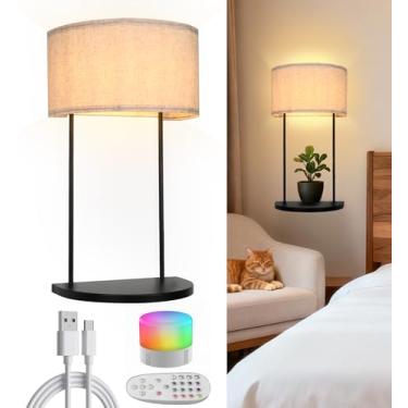 Imagem de AKEETO Arandela de parede sem fio com lâmpada RGB magnética recarregável de 5000 mAh e controle remoto, luminária de parede de metal operada por bateria com prateleira para mesa de cabeceira de quarto