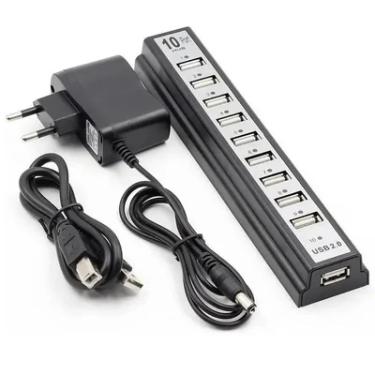 Imagem de Adaptador HUB Knup, Com 10 Portas USB 2.0, Fonte Alimentação, Para PC e Notebook - HB-T69