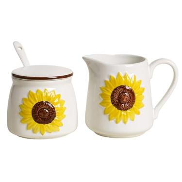 Imagem de RockTrend Conjunto de creme de leite e açucareiro de cerâmica de girassol, conjunto de café
