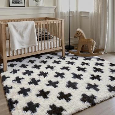 Imagem de PureCozy Tapete preto e branco 10 x 15 cm para sala de estar, tapete felpudo moderno super macio lavável, tapete felpudo para quarto, casa, dormitório, decoração estética