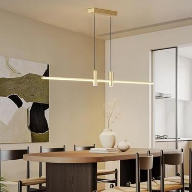 Imagem de Luminária pendente LED moderna para mesa de jantar, com intensidade regulável e controle remoto. Luminária pendente LED ajustável em altura para sala de jantar e cozinha (Dourada, 120 cm de