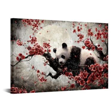Imagem de KREATIVE ARTS Arte de parede panda e flor vermelha 61 x 91 cm impressão em tela estilo asiático pintura natural vintage panda preto branco no ramo de cerejeira arte zen moderna para sala de estar