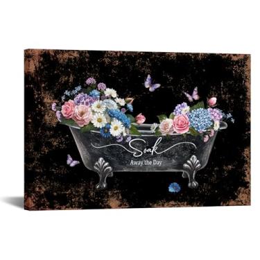 Imagem de KREATIVE ARTS Arte de parede de banheira floral 40,6 x 61 cm Impressão em tela de flores vintage com borboletas fundo preto decoração rústica de banheiro pronto para pendurar