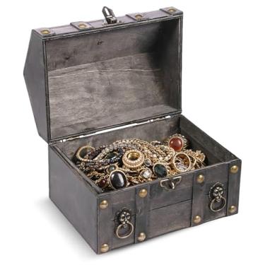 Imagem de UKQRRTC Baú de tesouro de madeira vintage com fechadura, caixa de armazenamento de joias, fechadura de metal para proteção de privacidade para aniversário, casamento, escritório, casa, decoração, 24 ×