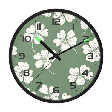 Imagem de SEHANY Relógio de parede Green Clover, silencioso, sem tique-taque, relógio redondo operado por bateria, controle de som, luz noturna, relógios de parede para sala de estar, cozinha, quarto