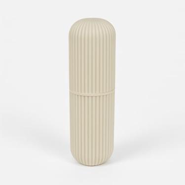Imagem de Porta Escova de dentes Portátil com Design Canelado Bege Formato Cilíndrico Cápsula