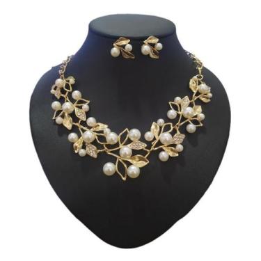 Imagem de Conjunto Colar Brinco Dourado Ouro Strass Pérola Noiva Festa - Geral