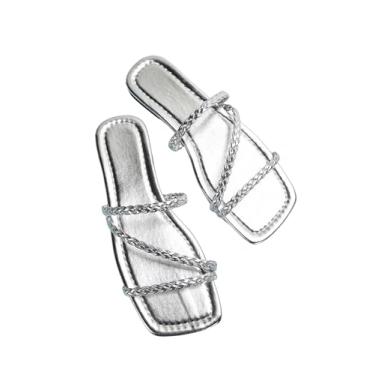 Imagem de GORGLITTER Sandália feminina com tiras metálicas elegantes e fofas de bico aberto, sem cadarço, sandálias de praia de férias de verão 2025, Trançado prata, 37