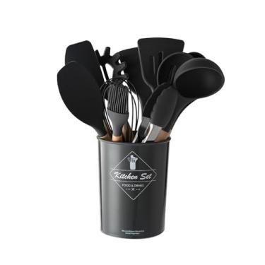 Imagem de Conjunto de Utensílios Cozinha 9PCS com Suporte Armazenamento Silicone Cabo Madeira Panelas Antiaderentes Gadgets