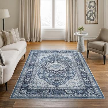 Imagem de Bloom Rugs Caria Tapete lavável antiderrapante 12 x 18 cm - Tapete de área tradicional azul para sala de estar, quarto, sala de jantar e cozinha - Tamanho exato: 1,5 x 18 m