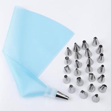 Imagem de Kit Confeiteiro Reutilizável: Saco de Creme + 24 Pçs Bicos + Ferramentas - Versátil para Bolo, Doce e Confeitaria(Azul/24 Pçs Saco de Pastelaria)