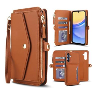 Imagem de Capa carteira para Samsung Galaxy A35 5G, capa flip magnética destacável com compartimentos para cartões, bloqueio RFID, suporte e alça de pulso, capa protetora para celular (marrom)