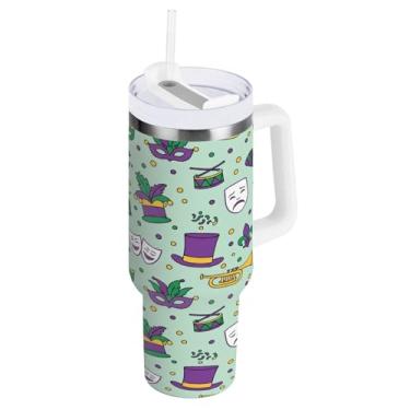 Imagem de Blueangle Copo isolado para Mardi Gras de 1,134 g com alça e tampa de palha, caneca de viagem reutilizável de aço inoxidável (431)