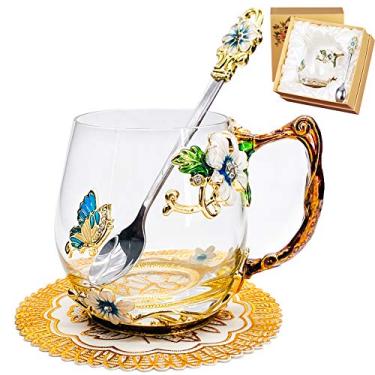 Imagem de Xícara de chá, caneca de café, caneca de chá japonica de íris feita à mão de 340 g com colher, presente exclusivo para mulheres, mãe, avó, amiga - azul curto