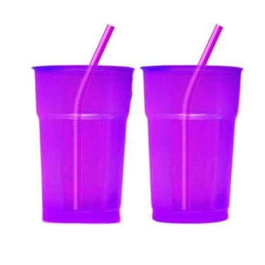 Imagem de Conjunto de 100 copos neon de 300 ml + agitadores premium, ideais para bebidas, festas e comemorações de aniversário(Lilás)