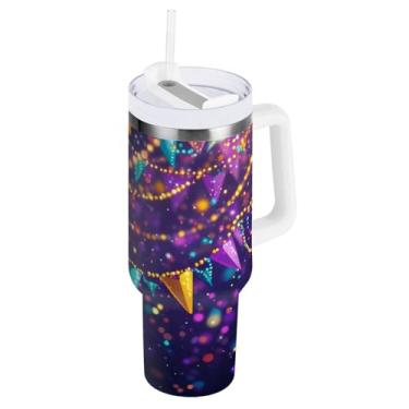 Imagem de Blueangle Copo isolado para Mardi Gras de 1,134 g com alça e tampa de palha, caneca de viagem reutilizável de aço inoxidável (287)