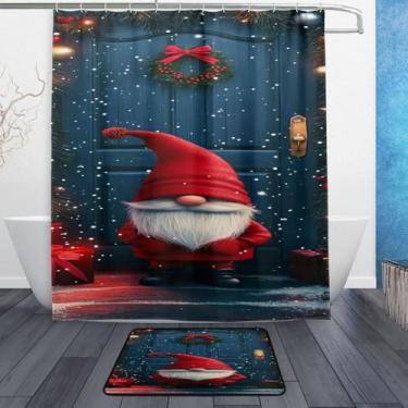 Imagem de xigua Gnomos de Natal fofos conjuntos de tapetes de cortina de banho 2 peças, conjunto de tema de banheiro (152 x 182 cm) com cortina de chuveiro e tapete antiderrapante -12 ganchos428