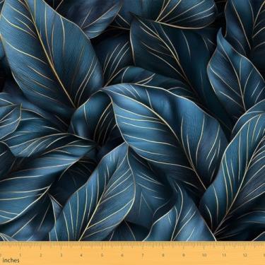 Imagem de Blue Leaves Fabric by The Yard Tecidos de impressão de folhas naturais 3D para suprimentos de costura Tecido moderno simples de decoração de plantas para estofamento DIY e detalhes em casa 5 metros