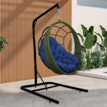 Imagem de Cadeira Balanço Ninho Suspenso Em Corda Náutica Luxo Com Suporte Verde-azul